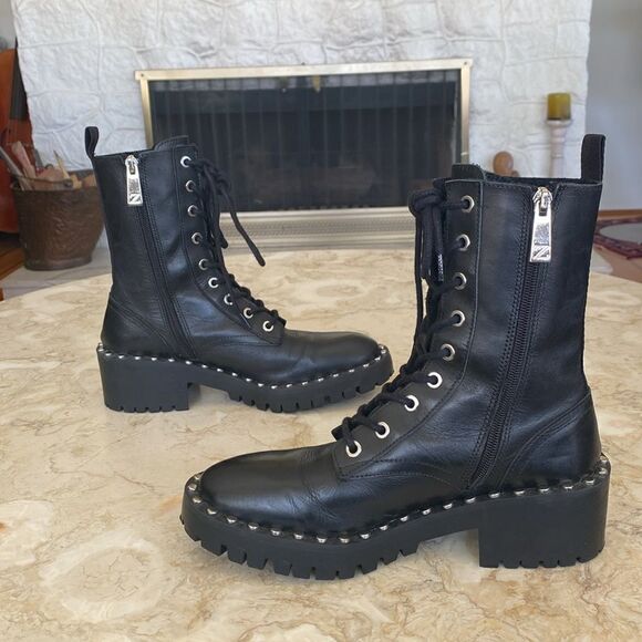 Zara Black Leather Military Lace Up Chunky Ankle Boots With Studs - Picture 8 of 14